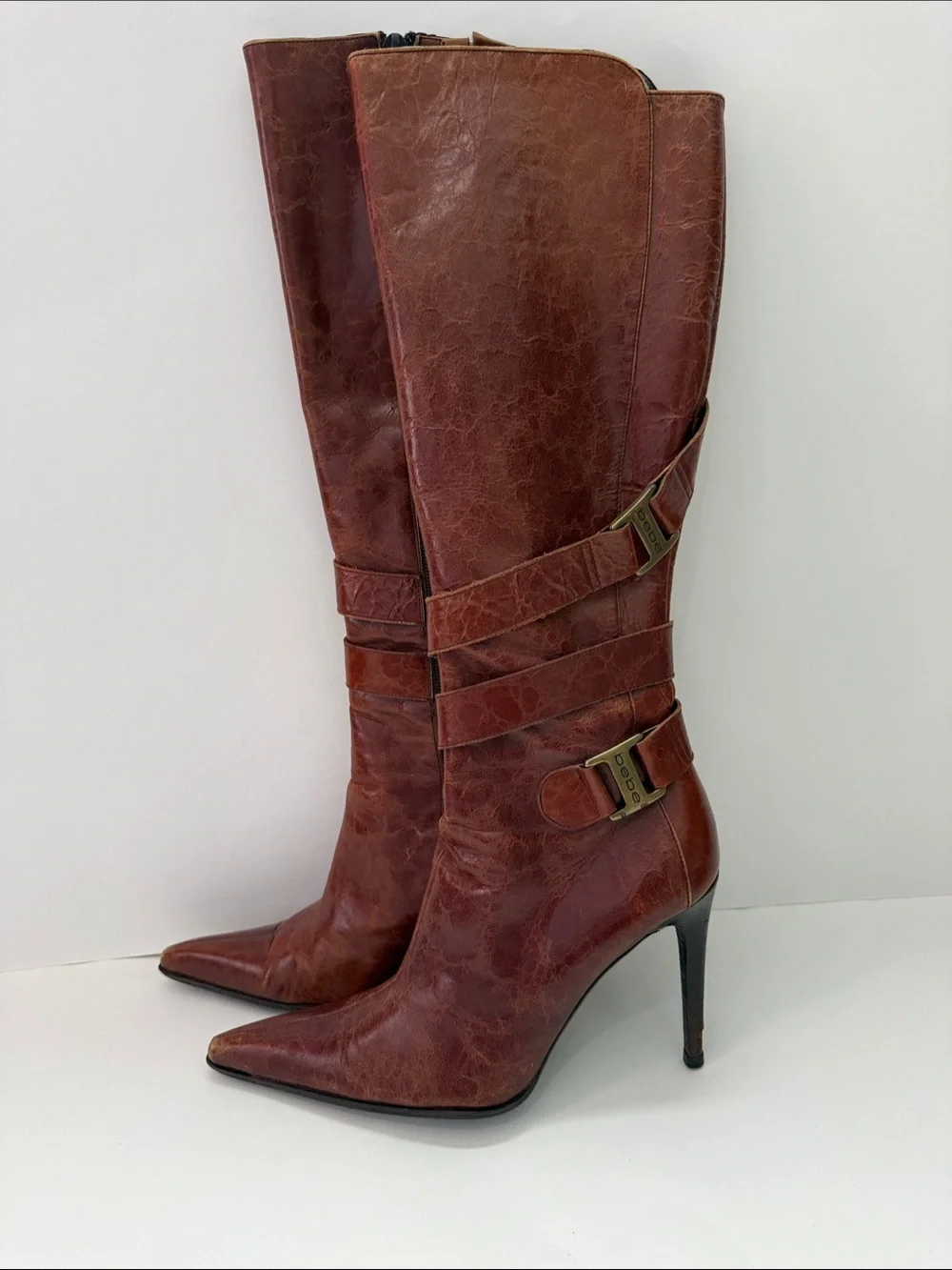 bebe leather Chestnut Brown Pointed Toe Over-the-Knee Stiletto Boots
